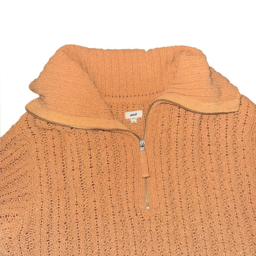 ▶️ Aerie ◀️ Oversized Cable Knit Quarter Zip Sweater Camel Brown Size Medium - Picture 8 of 12